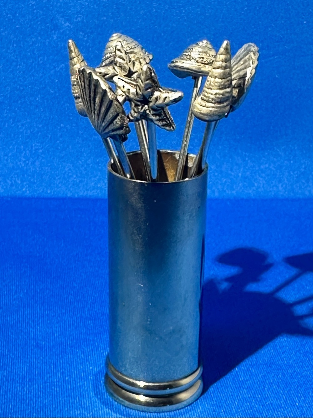 Vintage Pewter Cocktail Picks Coastal Beach Theme Set of 8 Holder 2.5” tall